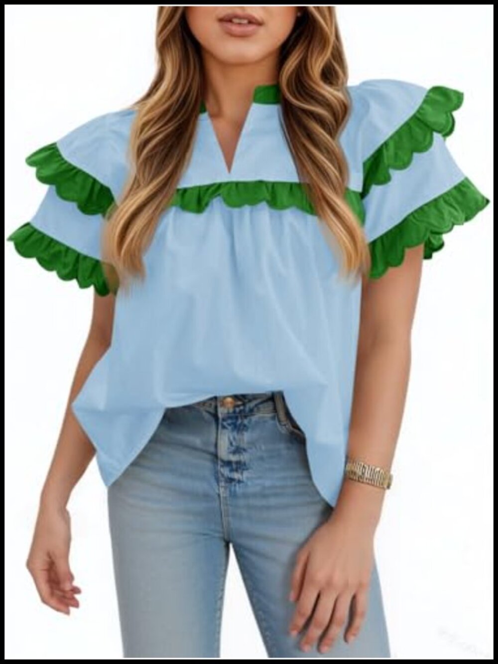 Womens Ruffled Babydoll Blouse V-Neck Pleated Cotton Tee Flowy Top
